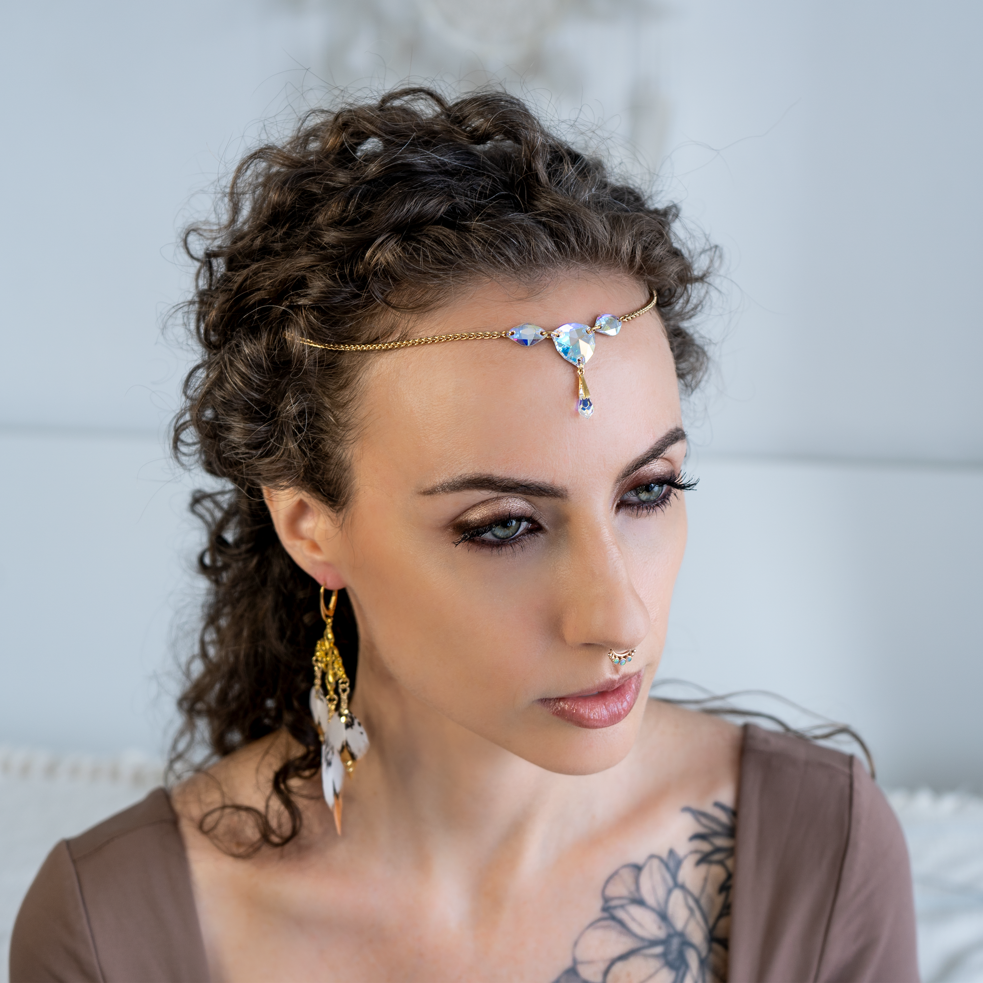 Aditi | Aurora Borealis Swarovski Crystals, 14K Gold Plated Wheat Chain